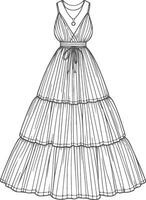 Minimalist Pleated Tiered Maxi Gown Sketch vector