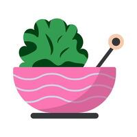 Pink bowl with green salad and spoon on white background. vector