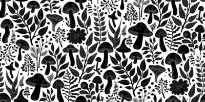 Half Drop Seamless Pattern from Black Silhouettes of Mushrooms and Foliage on White Background. Wallpaper Design for Textiles, Fabrics, Papers, Fashion Prints, Wrappings, Covers. vector