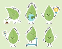 Ecology stickers set with leaf cute characters vector