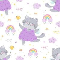 Cute fairy tale cat seamless pattern vector