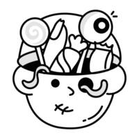 A doodle icon of spooky sweets in a creepy bucket vector