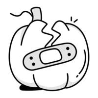 Broken pumpkin with a bandage on it, doodle icon vector