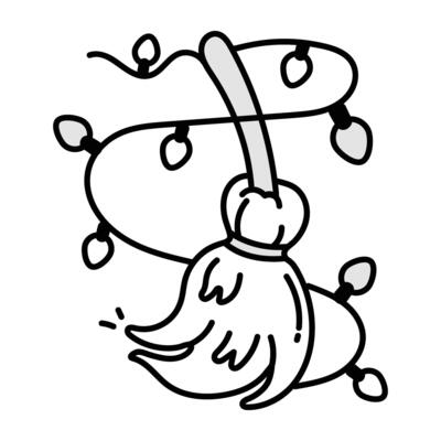 Hand drawn icon of broomstick with string lights