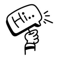 Hand drawn icon of a hand holding a speech bubble representing a chat vector