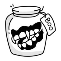 Spooky jar with fangs in it, doodle icon vector