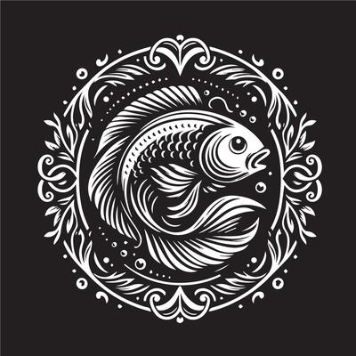 A fish in a ornate frame on a black background