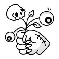 A doodle icon of creepy hand holding skull and eyeballs vector