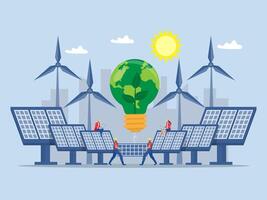 Solar Energy Concept,Worker Engineers Carrying A Solar Panel to installing sunny panel renewable electricity systems Modern Flat Design Illustration. vector