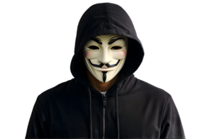 Portrait of man in black hoodie wearing vendetta mask, hacker, anonymous, person isolated on transparent background png