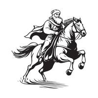 Black and white Santa Claus riding a horse with a bag stock image isolated on white background. vector