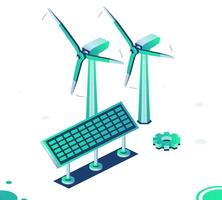 Isometric two wind power plants and solar panel isolated on white background. Generation of clean green energy. Wind turbines. Objects. vector