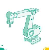 Isometric robotic arm picking up a small object in outline style. Object isolated on white background. Smart industry icon. Industrial robotic arm. vector