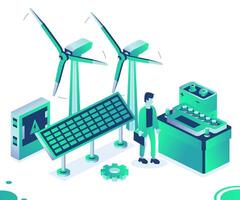 Isometric two wind turbines, solar panel, car accumulator and 9v battery isolated on white background. Generation of clean green energy. Nine volt battery. vector