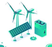 Isometric two wind power plants, solar panel and 9v battery isolated on white background. Generation of clean green energy. Wind turbines. Nine volt battery. vector