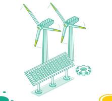 Isometric two wind power plants and solar panel isolated on white background. Generation of clean green energy. Wind turbines. Outline objects. vector