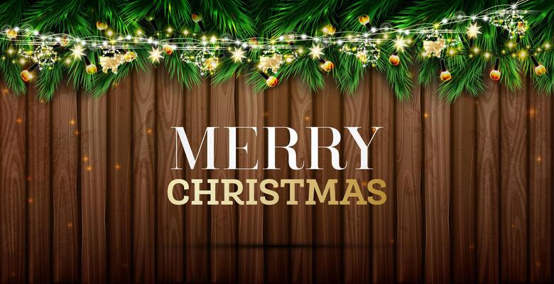 Fir branches with neon lights and helicopters on garlands. Wooden background. Merry Christmas. Happy New Year. Green pine spruce twig. Holiday background.