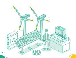 Isometric two wind turbines, solar panel, car accumulator and 9v battery isolated on white background. Generation of clean green energy. Outline objects. Nine volt battery. vector