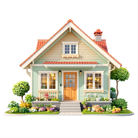 A small house with a front porch and flowers png