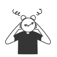 person with alarm clock head and face feeling worried and confused in doodle drawn sketch cartoon vector