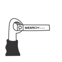 a hand holding a search sign in front of a white background vector