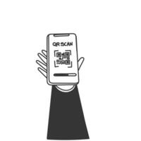 a hand holding up a smartphone with a qr code vector