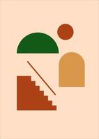 A flat illustration of stairs and a green and orange building vector