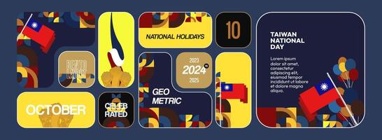 Horizontal website template with Bento grid layout Taiwan National Day theme. Design of Taiwan's national independence day with the country's flag and modern geometric ornaments vector