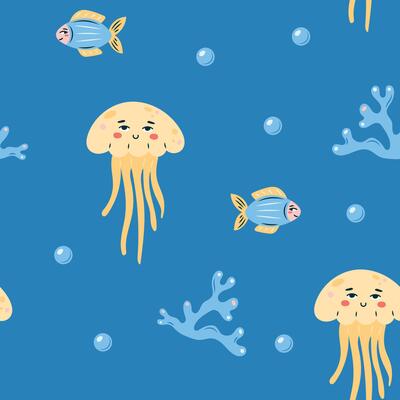 Seamless pattern sea life. Marine animals fish and jellyfish on blue background. illustration.