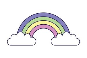 Rainbow and clouds on white background. Retro illustration with outline in 90s style. Isolated illustration. vector