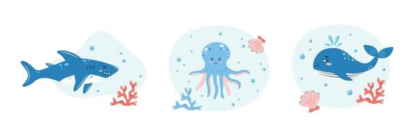 Collection of illustrations with marine animals on white background. Shark, octopus and whale. Characters in children's style. illustration. vector