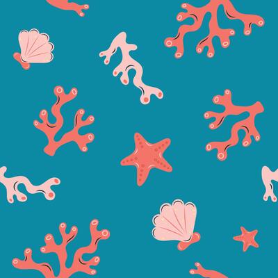 Seamless pattern sea life. Marine seaweed, shells and starfish on turquoise background. illustration.