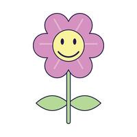 Vintage Smiling Pink Flower on white background. Retro illustration with outline in 90s style. Isolated illustration. vector