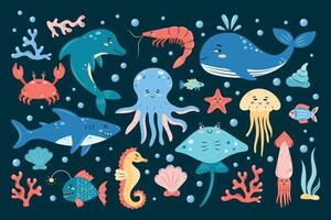 Large set of sea animals on dark background. SeaLife collection. Characters in children's style. Isolated illustration. vector