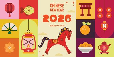 happy new year 2026, chinese new year, year of horse poster Modern minimalist geometric style Chinese new year elements. Colorful illustration in flat cartoon style, in geometric patterns vector