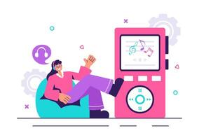 MP3 Player and Headset Illustration for Mobile Music Apps in Flat Background Style vector