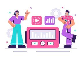 Portable Music Player Illustration with Earphones, Music App, and Sound Waves on Flat Background vector