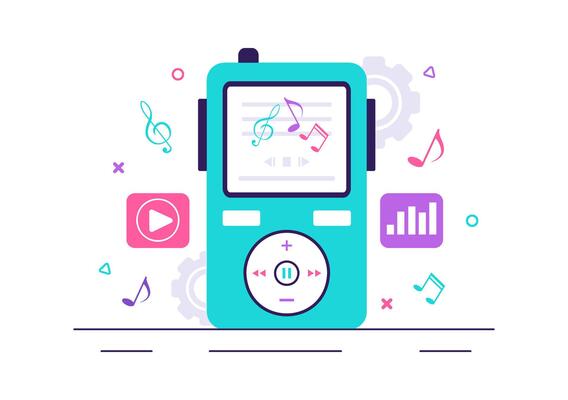 Music Application Illustration featuring MP3 Player and Musical Notes on Flat Background