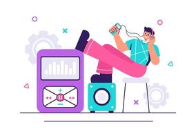 Illustration of MP3 Player with Audio App, Headset, and Musical Symbols on Flat Background vector