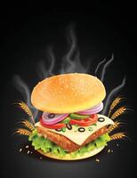 Hot fish Fresh Burger, Fast food Background. a hamburger with a bun vector