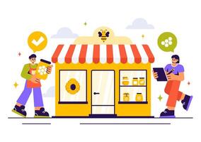 Flat Cartoon Illustration of Honey Jars and Bees for a Honey Store Display vector