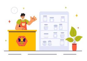 Illustration of Bees and Honeycombs for Natural Products in a Flat Style Background vector