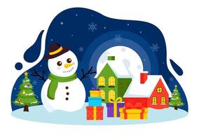 Christmas Illustration Featuring Presents, Baubles, and Snow Covered Trees in a Cartoon Style vector