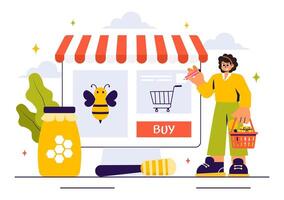 Bee Products Store Illustration with Honey Jars and Combs in a Flat Style Design vector