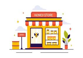 Flat Cartoon Illustration of a Honey Jar with Bees and Combs for Organic Products vector