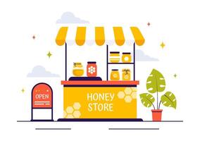 Organic Honey Jar Illustration Featuring Bees and Honeycombs in a Flat Background vector