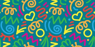 fun colorful line doodle seamless pattern. Creative abstract art background collection for children or festive celebration design. Simple childish scribble wallpaper print texture bundle. vector