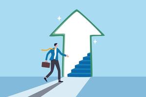 Stairway to new opportunity, success path or open door to career chance, leadership improvement, progress or solving problem concept, businessman open arrow up door to walk up stair to success. vector
