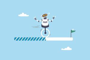 AI artificial intelligence implementation progress, adoption or evolution to improve AI innovation, learning or change to optimize success concept, smart AI robot run on progress bar to reach target. vector