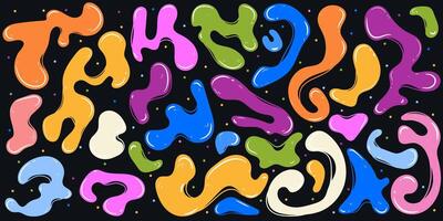 Multicolored Wavy Blobs with Amorphous Shapes in Cartoon Style Isolated on Black Background. Multicolored Liquid Organic Blobs. Glossy effect. Wavy geometric stains with vibrant colors. Abstract and vector